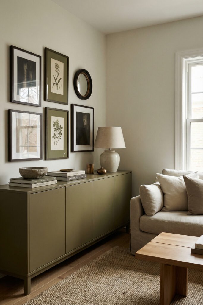 Olive Green Decor Ideas For A Layered Living Room 17 Olive green sideboard beneath a botanical gallery wall with a neutral lamp, books, and cream sofa corner in a softly layered living room.