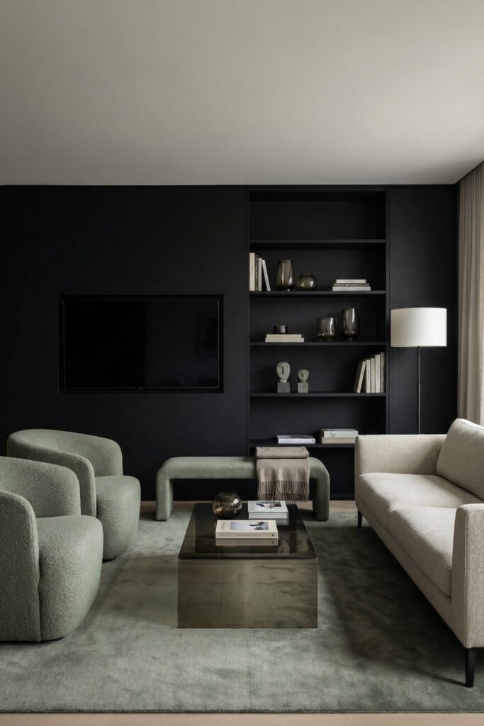 Sage Green And Black Living Room Ideas for a Layered Look 12 Minimal living room with black built-ins, sage boucle chairs, cream sofa, smoked glass table, and muted green rug in a tailored modern layout.