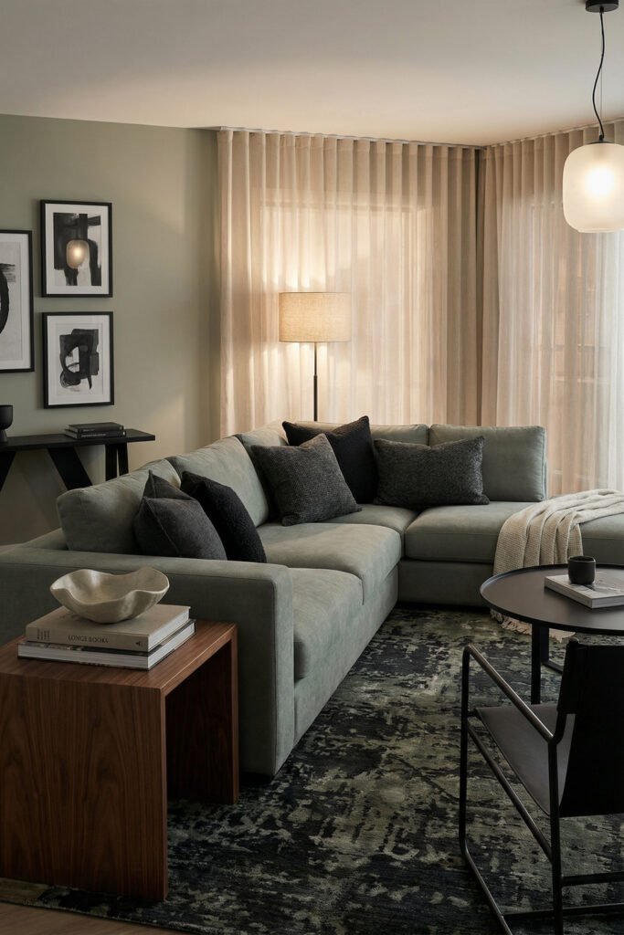 Sage Green Lounge Ideas for a Calm, Collected Living Room 17 Moody modern living room with pale sage sectional, black pillows, sheer curtains, dark rug, walnut side table, and soft ambient lighting.