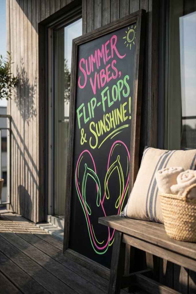 Summer Chalkboard Ideas That Brighten Every Corner 16 Outdoor chalkboard sign reading Summer Vibes, Flip-Flops & Sunshine with neon flip-flops beside a bench on a sunny deck.