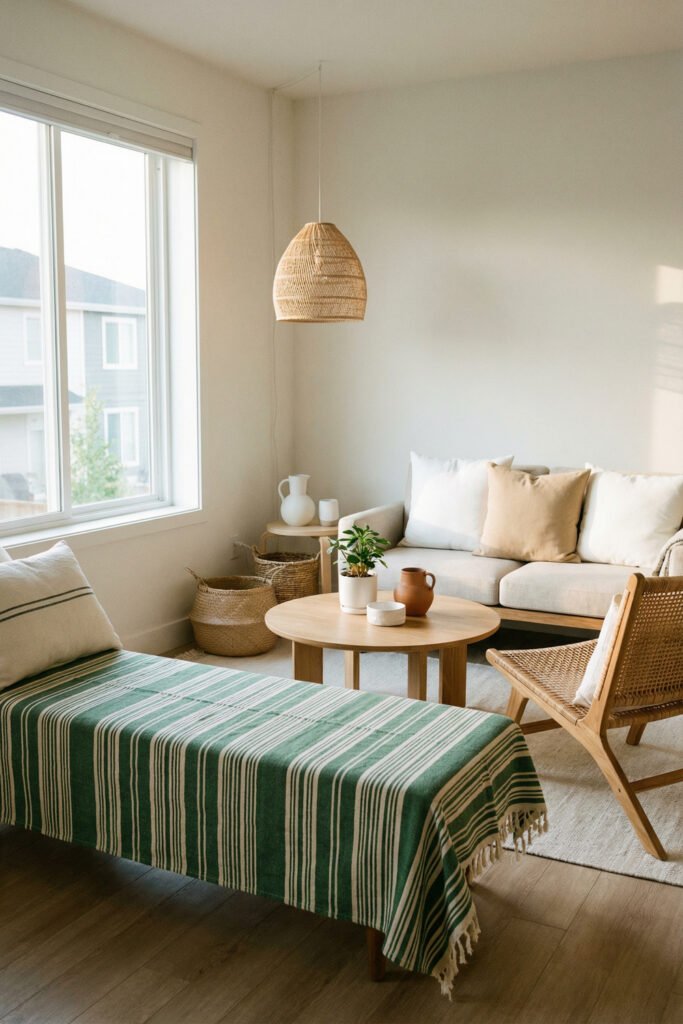 Small apartment sitting area with green striped bench, round table, sofa, wicker chair, and woven pendant in a calm natural palette.
