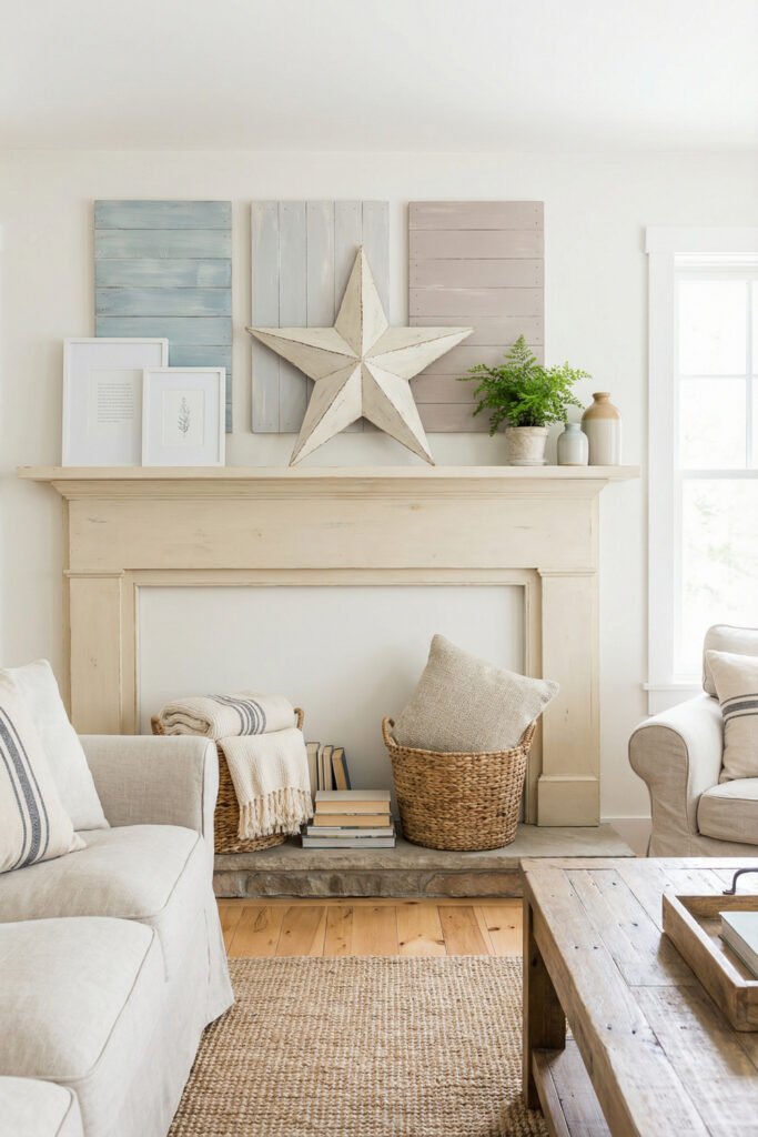 Neutral fireplace mantel with a white star, pastel plank art, framed prints, greenery, and woven baskets for simple summer mantle décor.
