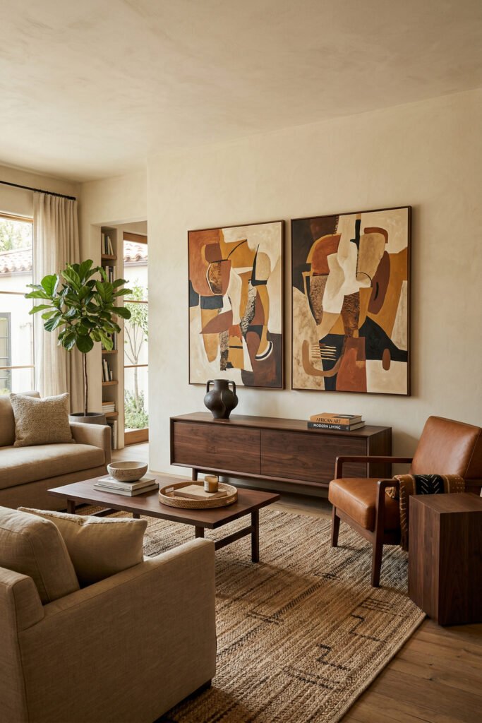 Neutral Afro Art living room with two large abstract panels above a walnut console, beige seating, leather chair, woven rug, and warm earthy decor
