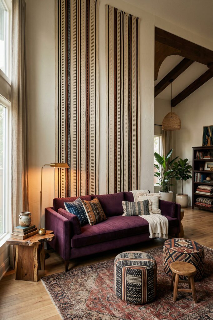 Jewel-toned living room with plum sofa, tall striped textile panels, patterned poufs, vintage rug, wood stool, and warm lamp.
