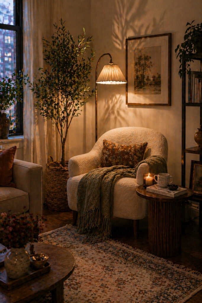 Cozy reading nook with boucle chair, floor lamp, potted tree, side table, candle, and apartment vibes decor ideas
