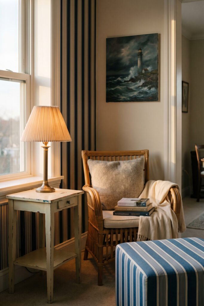 Beach Cottage Decor That Feels Fresh for Summer 12 Cozy reading corner with wicker chair, striped wallpaper, blue ottoman, lamp, and lighthouse art adding moody beach cottage decor charm.