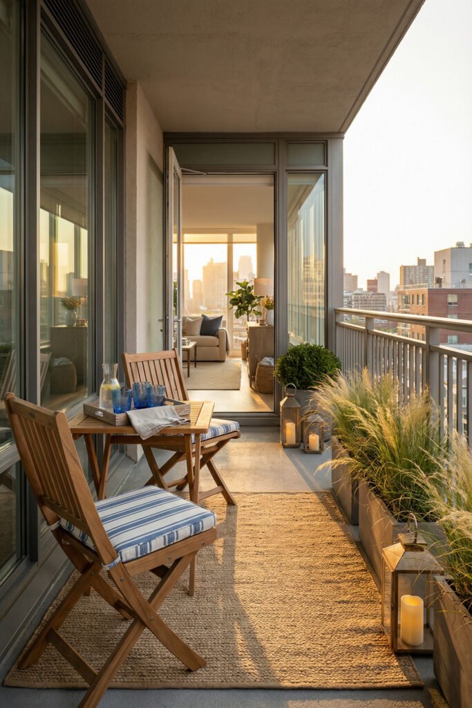 Coastal Summer Aesthetic Ideas for a Breezy Apartment 14 Apartment balcony with striped chairs, jute rug, lanterns, planters, and skyline sunset styled in a warm coastal summer aesthetic.