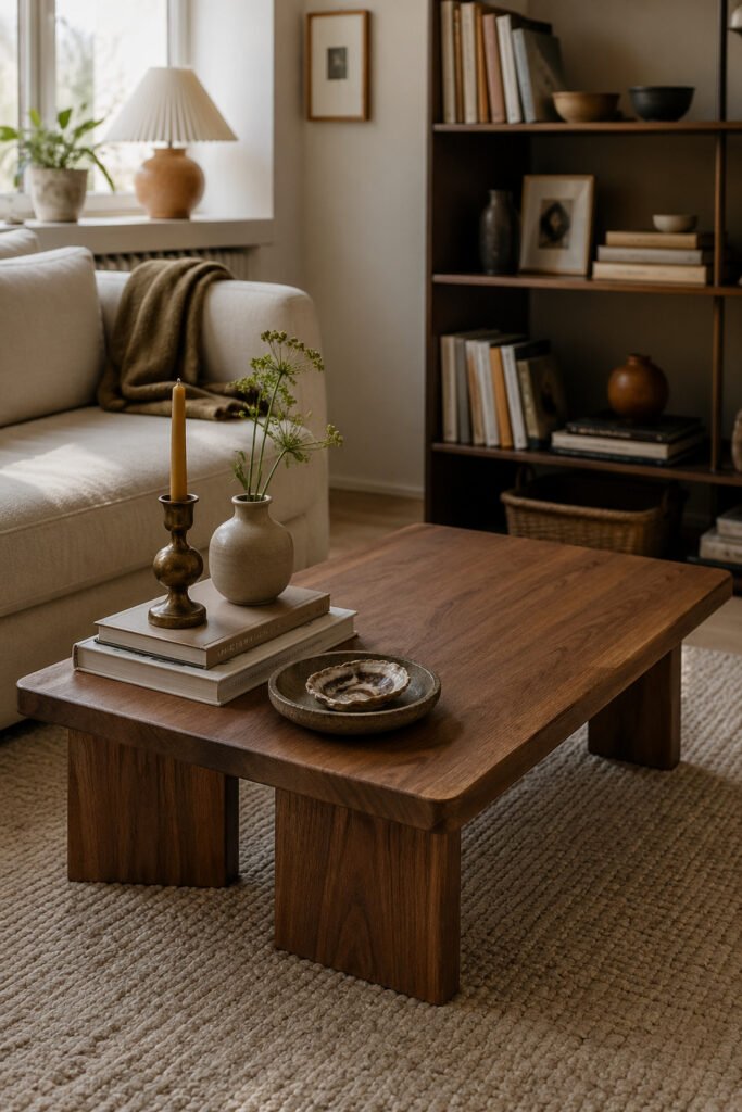 Wood coffee table vignette with books, brass candlestick, ceramic vase, shell bowl, shelves, and simple decor ideas with personality
