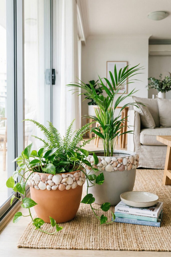 Diy Beach Decor That Feels Fresh for Summer 18 Shell-trimmed planters with leafy houseplants on a jute rug by sliding doors, natural DIY beach decor for a sunny living room.