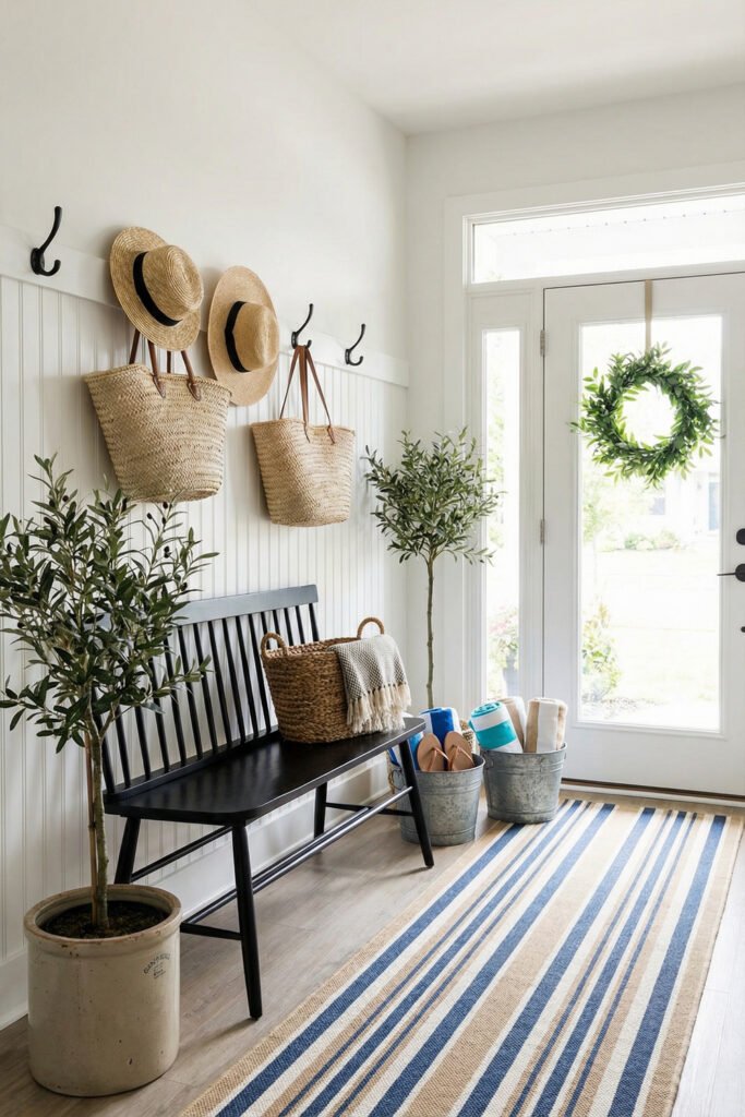 Entryway with black bench, straw hats, woven totes, striped runner, olive trees, metal buckets, and a green wreath in fresh farmhouse summer decor.
