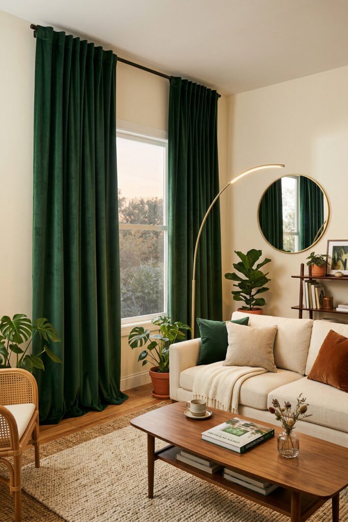 Green And Gold Room Ideas For A Stylish Living Room 18 Cream sofa with dark green velvet curtains, curved gold floor lamp, round mirror, wood coffee table, and layered plants for Green And Gold Room Ideas.