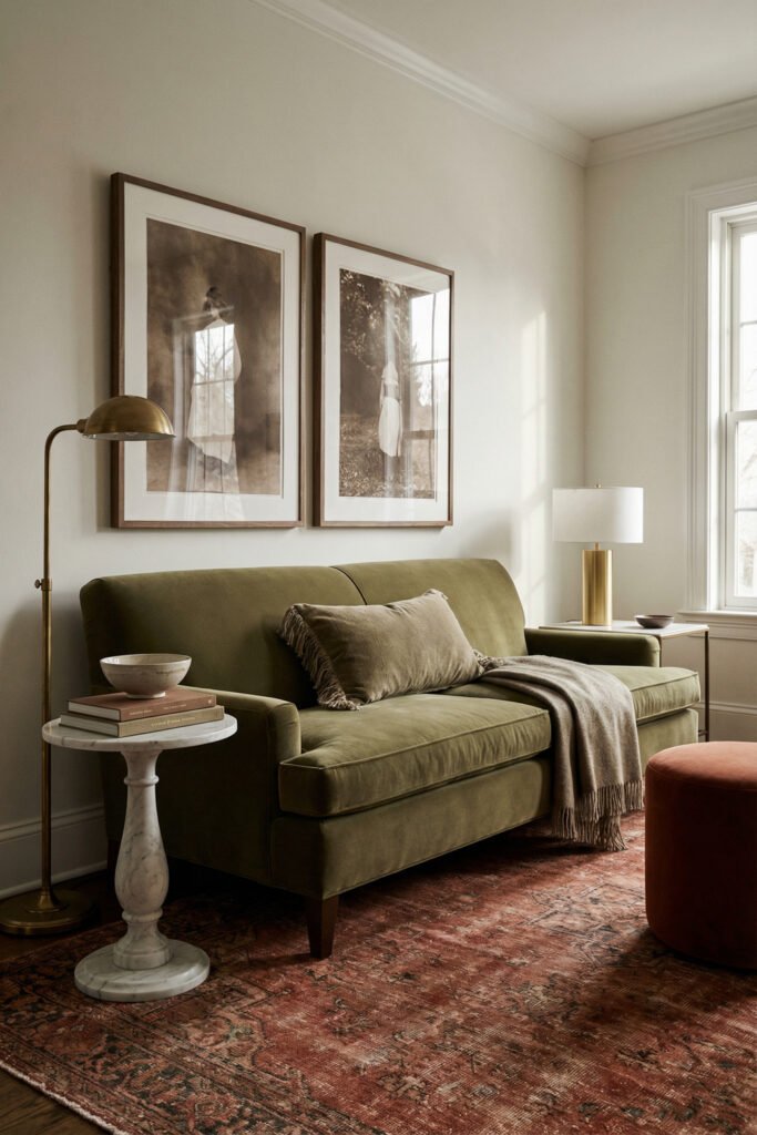 Classic green and rust living room with an olive sofa, brass floor lamp, marble pedestal table, rust ottoman, vintage rug, and framed sepia art.
