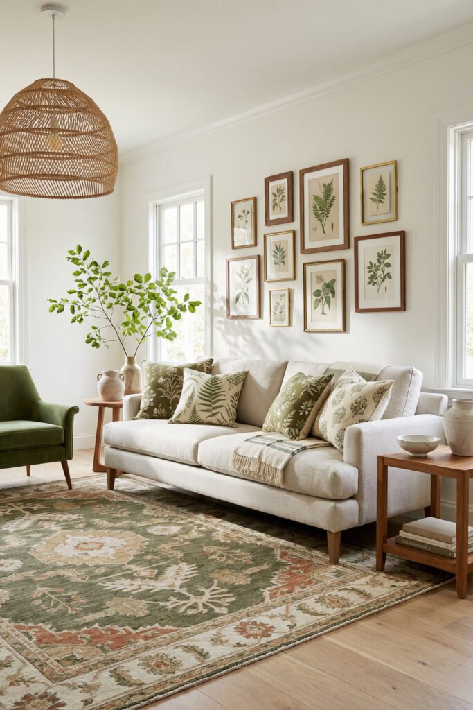 Green Boho Living Room Ideas With Relaxed Style 19 Bright Green Boho Living Room with cream sofa, botanical gallery wall, rattan pendant, green accent chair, wood side tables, and vintage-style area rug.