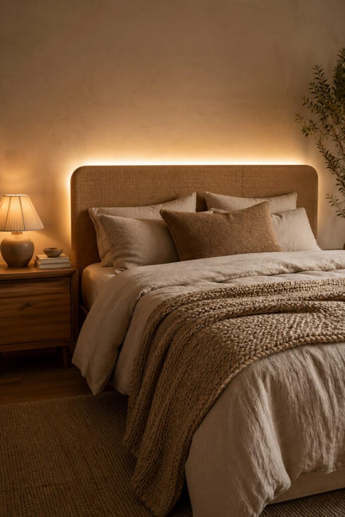 Earthy bedroom with woven headboard, hidden headboard lighting, table lamp, textured blanket, and warm neutral bedding.
