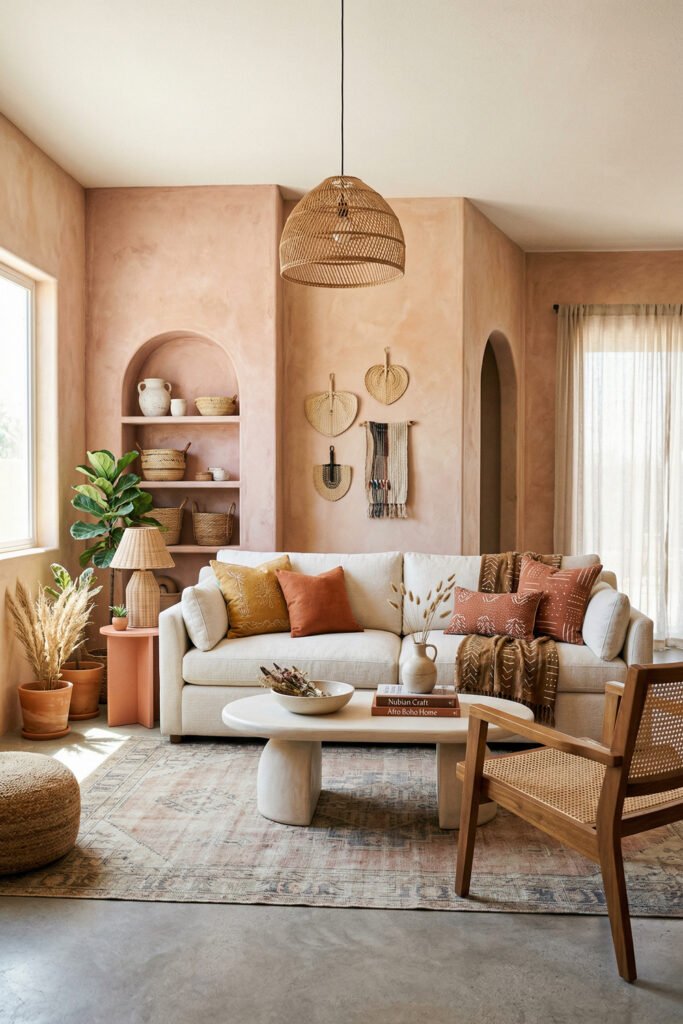 Blush plaster living room with arched shelves, white sofa, terracotta pillows, woven wall decor, and cane chair in soft Nubian Style tones.

