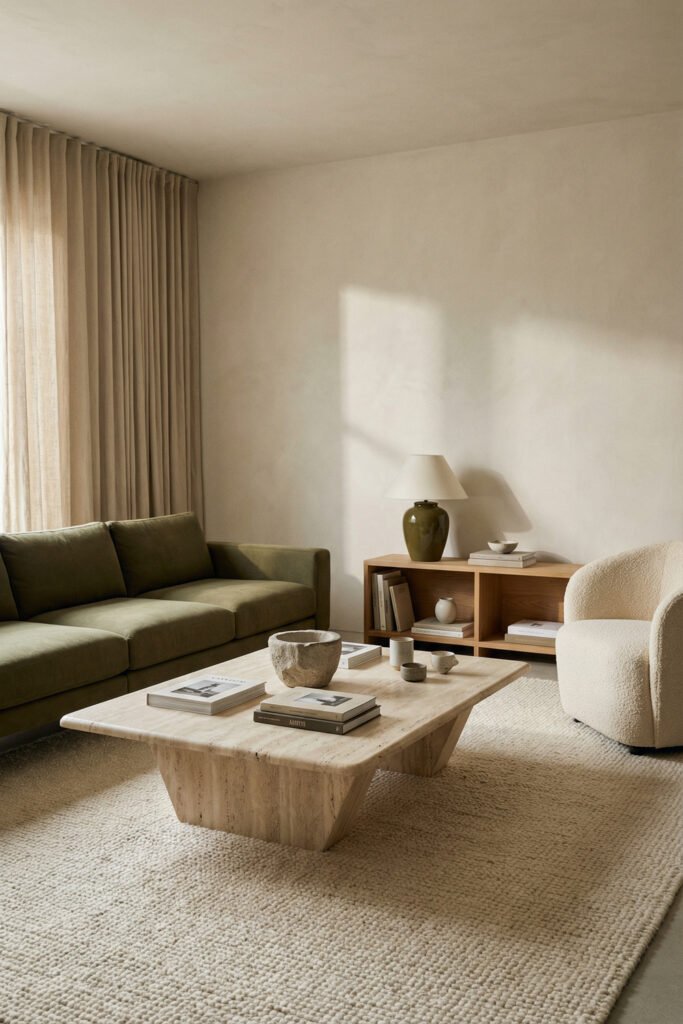 Olive Green Decor Ideas For A Layered Living Room 18 Olive green sofa with a pale stone coffee table, boucle chair, neutral curtains, and light wood console in a calm living room.