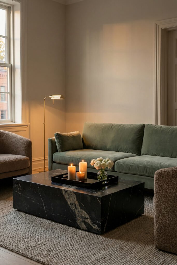 Sage Green And Black Living Room Ideas for a Layered Look 13 Elegant living room with sage velvet sofa, black marble coffee table, textured cream chairs, candles, and brass floor lamp in a refined layered palette.