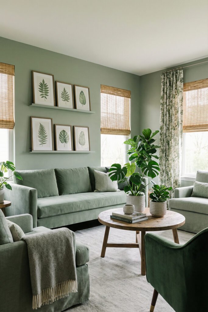 Sage Green Lounge Ideas for a Calm, Collected Living Room 18 Botanical sage green living room with pale green sofa, armchairs, leafy art, bamboo shades, floral drapery, and lush indoor plants.
