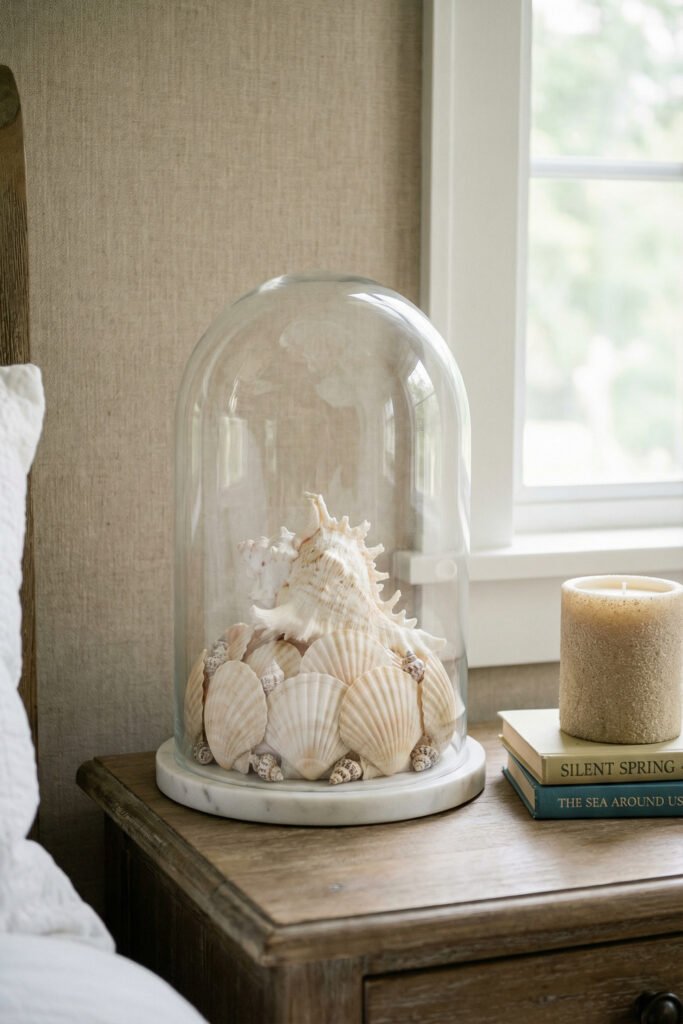 Glass cloche covering layered shells on a marble base atop a nightstand beside books and a candle, a soft bedroom seashell display idea.
