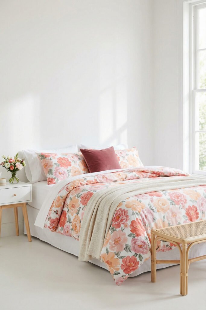 Spring Bedding Ideas for a Lighter, Fresher Bedroom 12 Bright white bedroom with coral and peach floral bedding, a blush accent pillow, and airy spring bedding for a cheerful seasonal refresh.