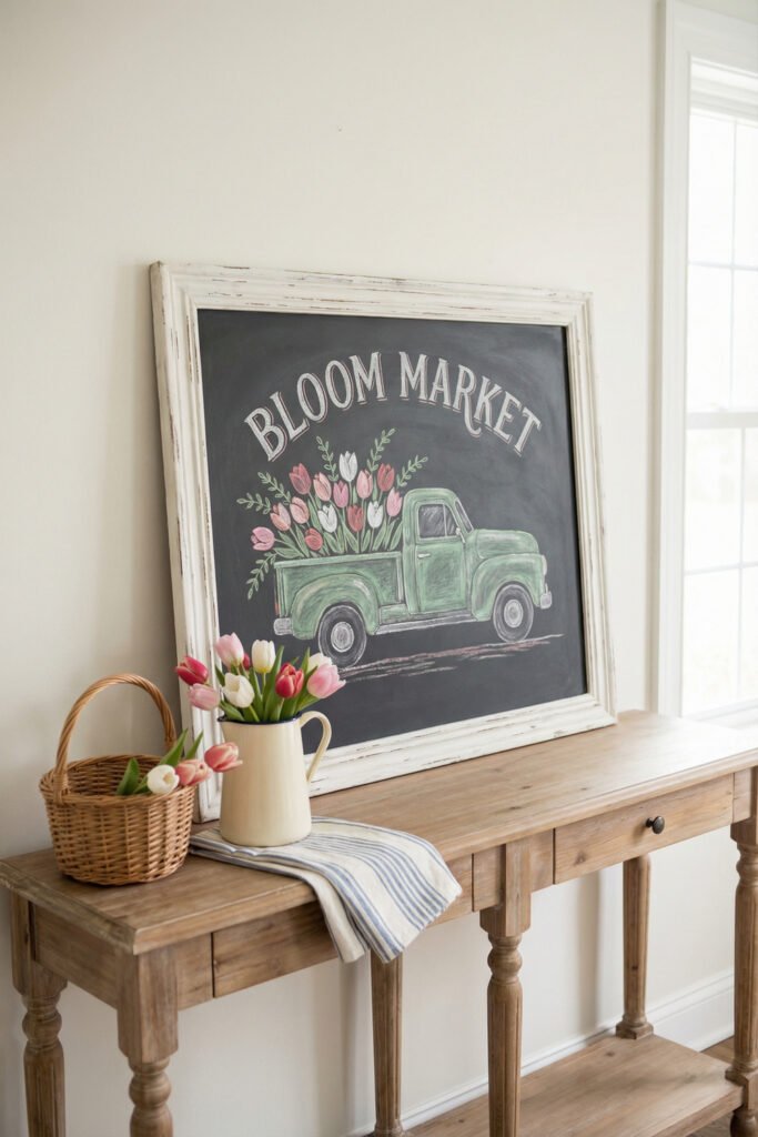 Spring Chalkboard Ideas That Feel Fresh and Easy to Style 12 Distressed framed chalkboard showing a green vintage truck filled with tulips and “Bloom Market” on a wooden console with basket and pitcher.