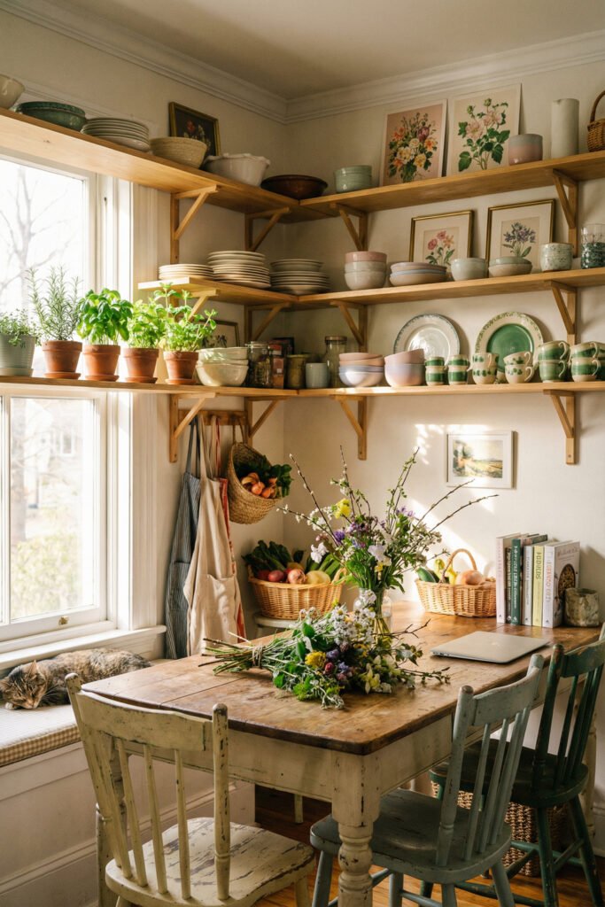 Rustic cottage kitchen with open wood shelves, potted herbs, pottery, baskets, and a wildflower bouquet on a farmhouse table for collected spring kitchen décor
