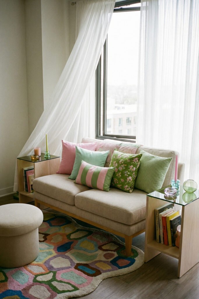 Small living room with pastel pillows, sheer curtains, glass side tables, and a colorful rug for playful spring living room décor in an apartment.
