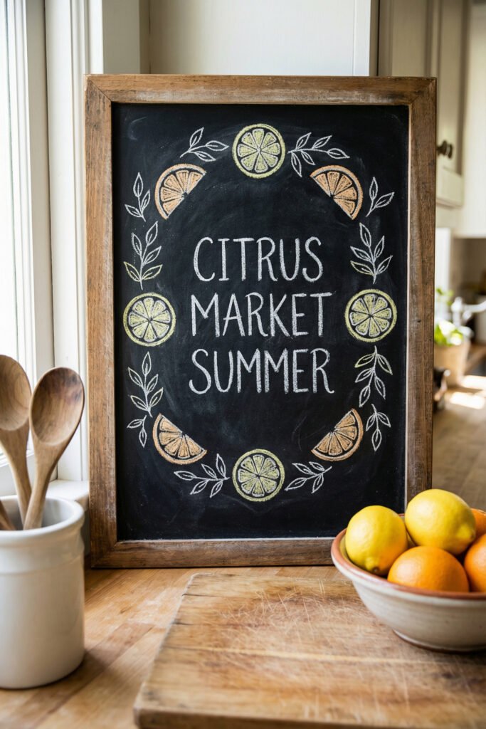 Summer Chalkboard Ideas That Brighten Every Corner 17 Rustic framed chalkboard reading Citrus Market Summer with lemon and orange slices on a kitchen counter beside a bowl of citrus.