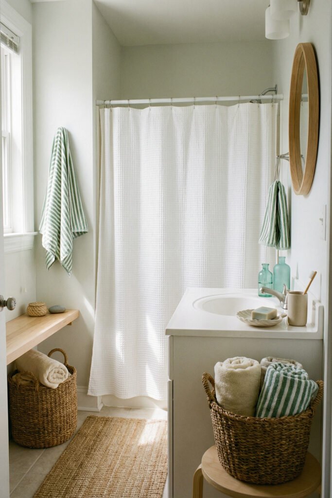 Summer Décor Ideas for an Airy, Collected Home 12 Light bathroom with white shower curtain, green striped towels, woven baskets, jute rug, and simple vanity in fresh summer decor.