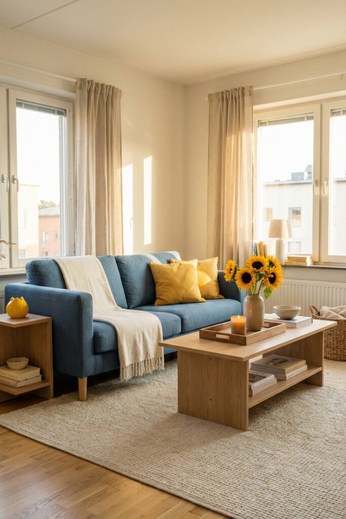 Blue sofa with yellow pillows, sunflowers, warm wood coffee table, and soft evening light for cheerful Summer Living Room Decor.
