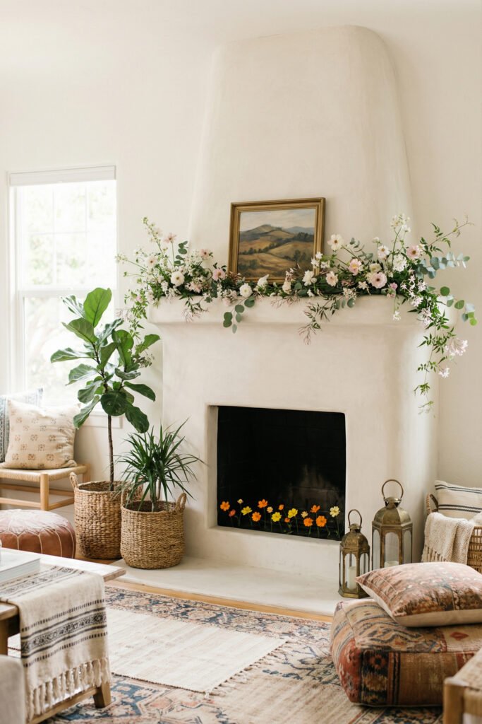 Curved plaster fireplace with a soft floral garland, landscape art, woven baskets, lanterns, and layered greenery for romantic boho summer mantle décor.
