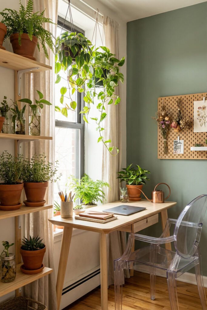 Plant-filled desk by a window with green accent wall, pegboard, clear chair, and wood shelves for botanical Summer Office Decor.

