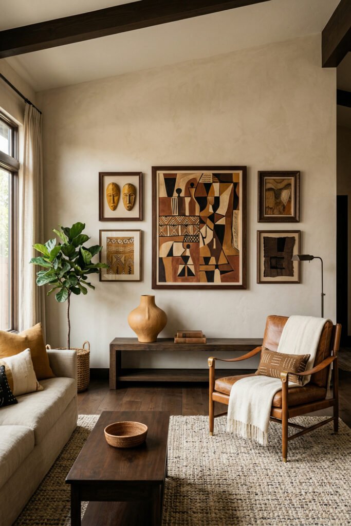 Afro Boho living room wall with framed masks, textile art, and a central abstract Afro Art piece above a wood bench, leather chair, and textured rug
