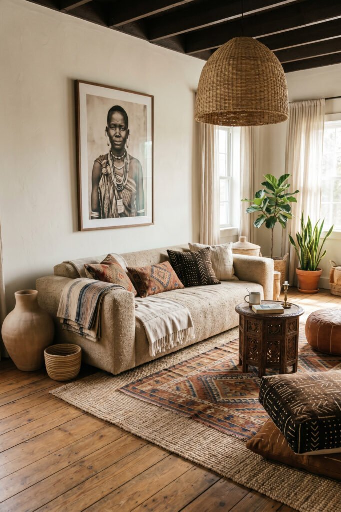 Neutral sofa with patterned pillows, sepia portrait art, woven pendant, carved table, pouf, and layered rugs in a warm Afro Boho Decor living room.
