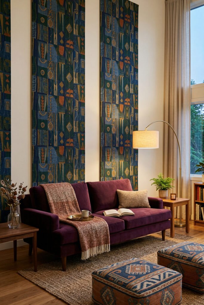 Moody living room with purple sofa, tall blue patterned textile panels, arc lamp, side table, and patterned ottomans.
