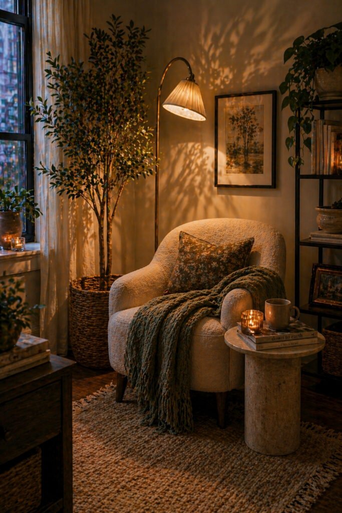 Moody reading nook with boucle chair, floor lamp, potted tree, candle, books, and cozy apartment vibes decor ideas
