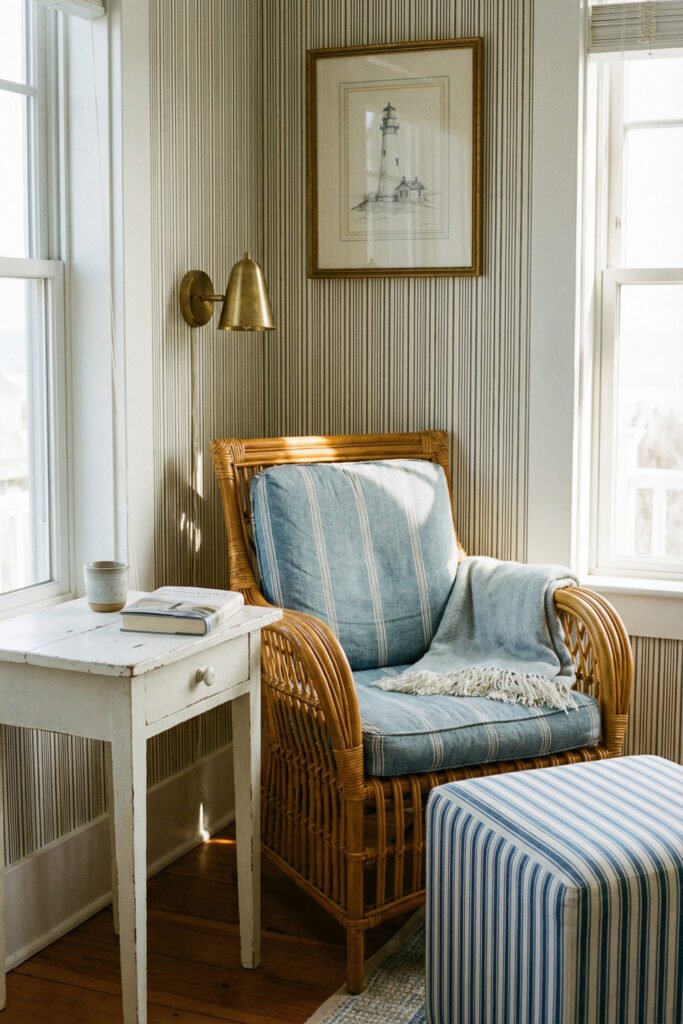 Beach Cottage Decor That Feels Fresh for Summer 13 Rattan reading chair with blue striped cushion, brass sconce, striped wallpaper, white side table, and lighthouse art in a cozy beach cottage decor corner.