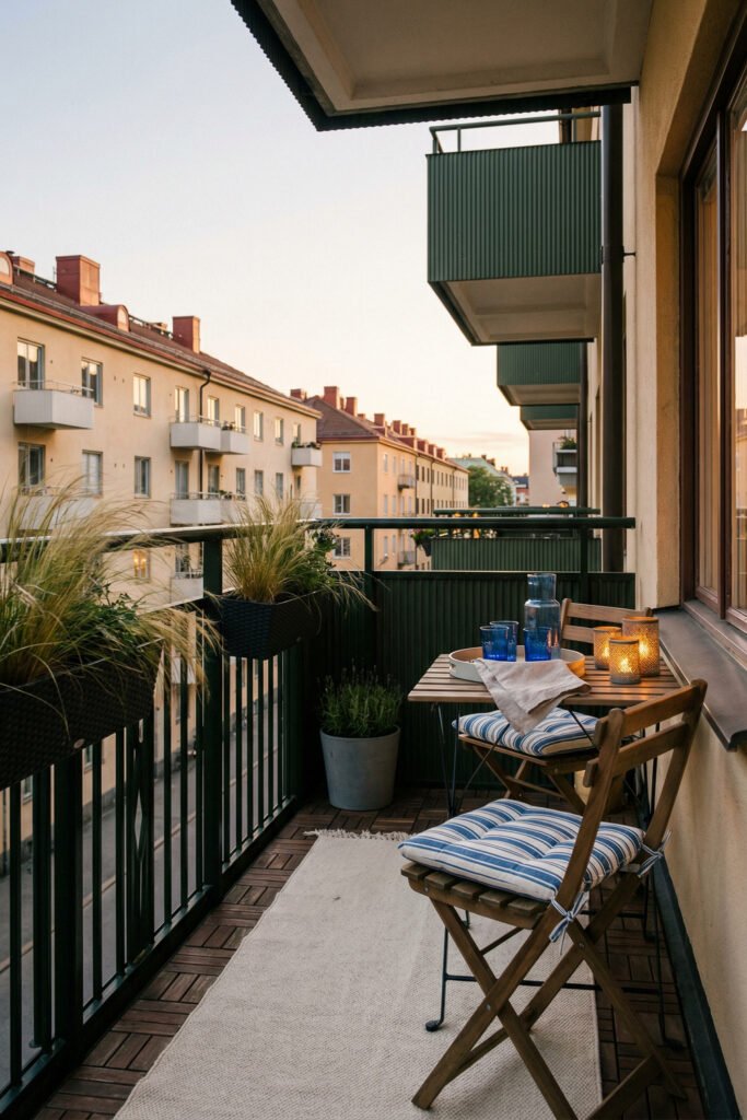 Coastal Summer Aesthetic Ideas for a Breezy Apartment 15 Small apartment balcony with striped cushions, potted grasses, candlelight, and a bistro table for a cozy coastal summer aesthetic.