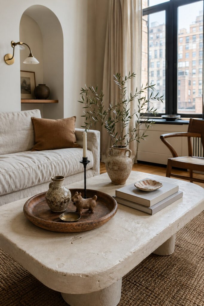 Stone coffee table styled with rustic tray, ceramics, olive branches, books, arched niche, and decor ideas with personality
