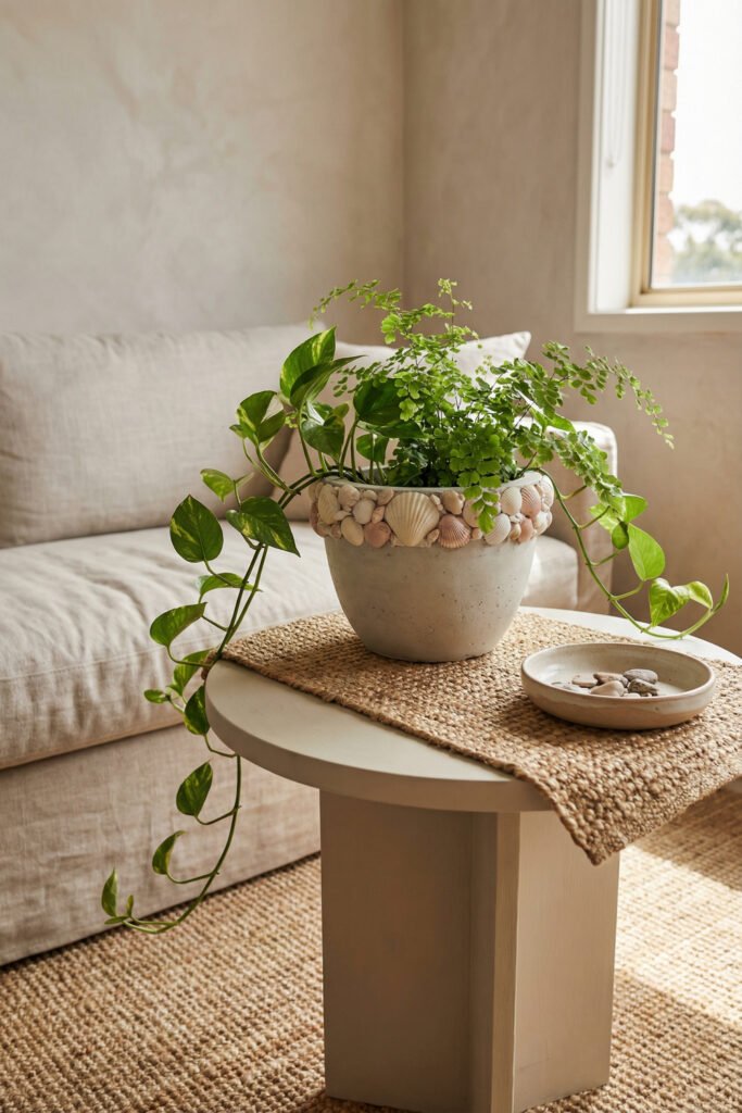 Diy Beach Decor That Feels Fresh for Summer 19 Shell-bordered planter with pothos and fern on a round pedestal table in a neutral room, relaxed DIY beach decor with greenery.