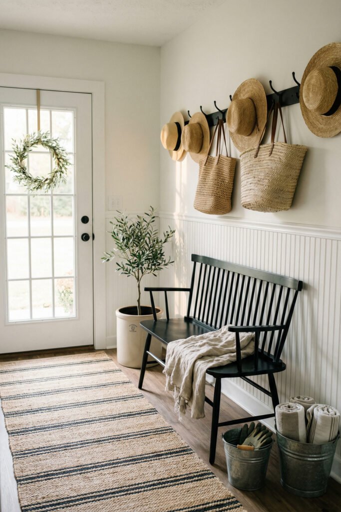 Entryway with black bench, striped rug, straw hats, woven totes, olive tree, metal buckets, and a wreath on the glass door in farmhouse summer decor style.
