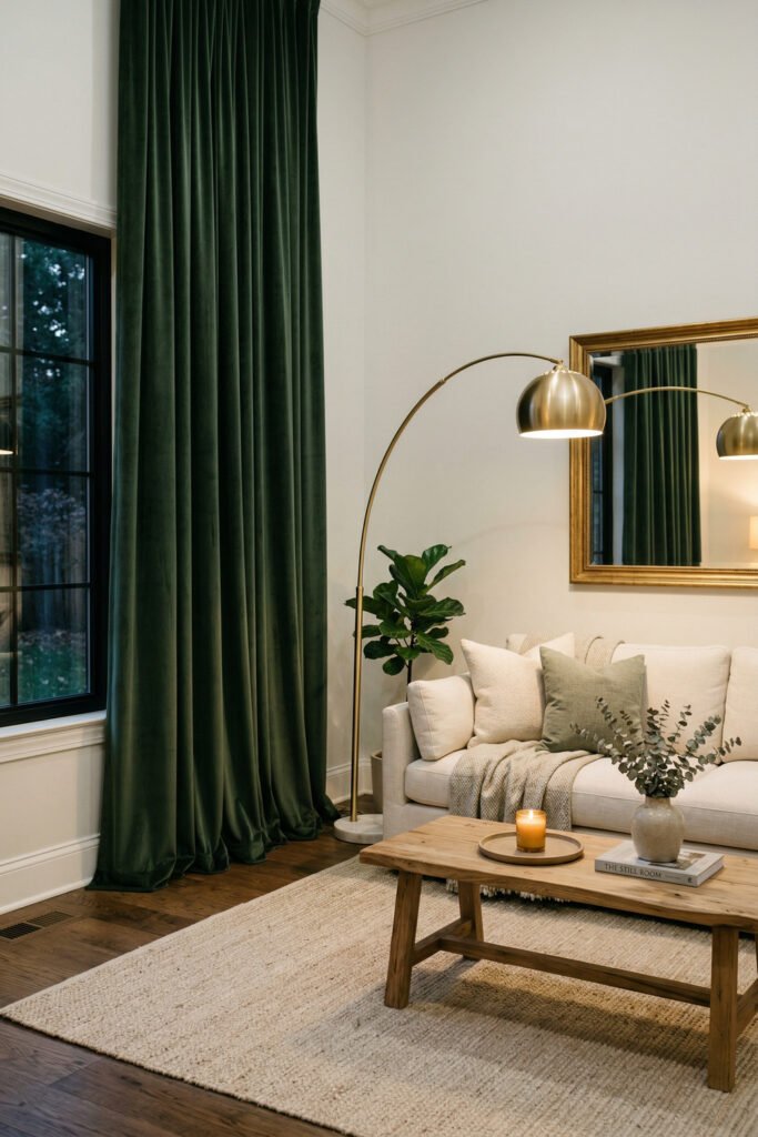 Green And Gold Room Ideas For A Stylish Living Room 19 Cream sofa with deep green curtains, brass arc lamp, gold mirror, wood coffee table, and soft neutral styling in an elegant living room.