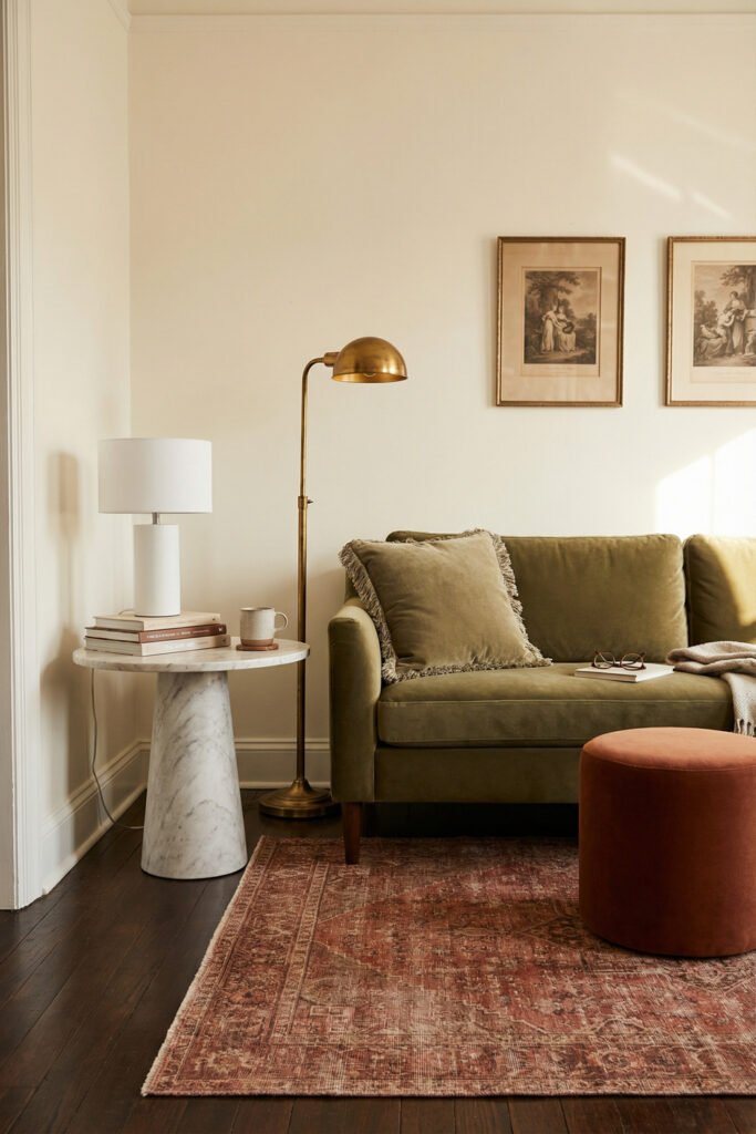 Green and rust living room detail with an olive sofa, marble side table, brass floor lamp, rust ottoman, warm sunlight, and a faded vintage rug.

