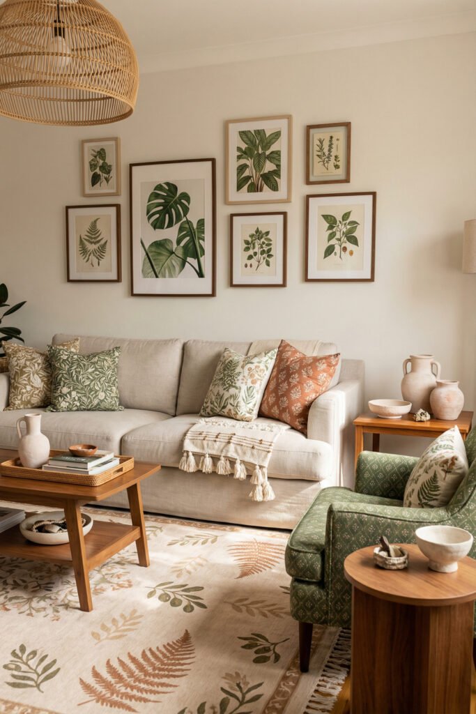 Green Boho Living Room Ideas With Relaxed Style 20 Neutral Green Boho Living Room with cream sofa, botanical wall art, green accent chair, warm wood tables, leafy rug, and woven pendant light.