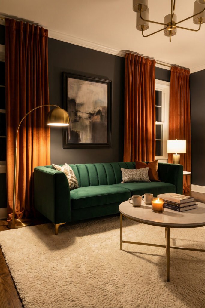 Green Burnt Orange Living Room Ideas With Rich, Easy Style 19 Emerald velvet sofa, burnt orange drapes, dark walls, brass arc lamp and white rug in a moody Green Burnt Orange Living Room