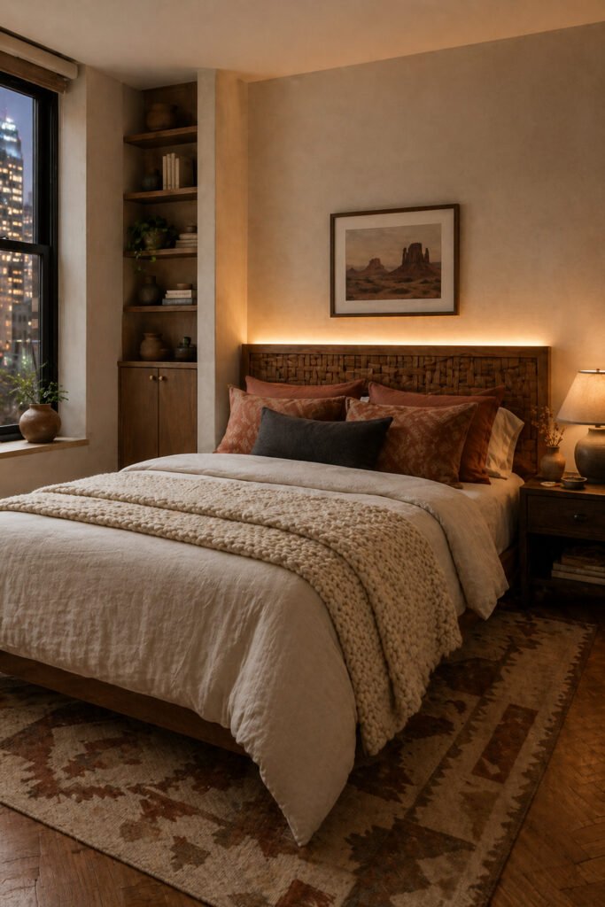 Cozy apartment bedroom with carved wood headboard, warm backlighting, patterned pillows, chunky throw, and built-in shelves.
