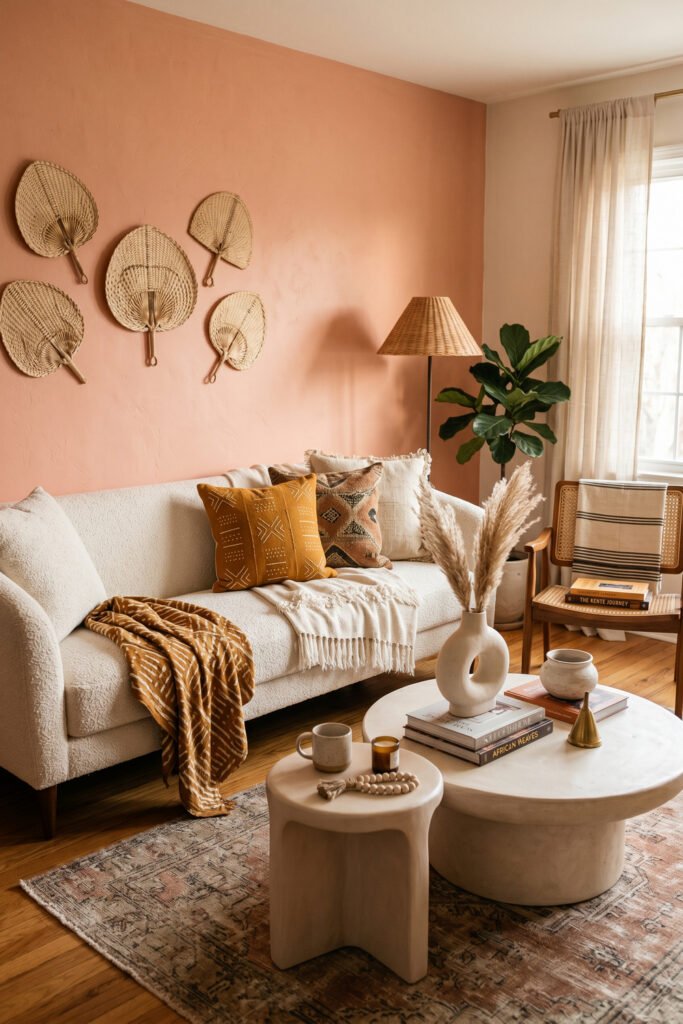 Blush-peach accent wall with woven fan decor, boucle sofa, warm ochre pillows, marble tables, and sheer curtains in a soft Nubian Style living room.
