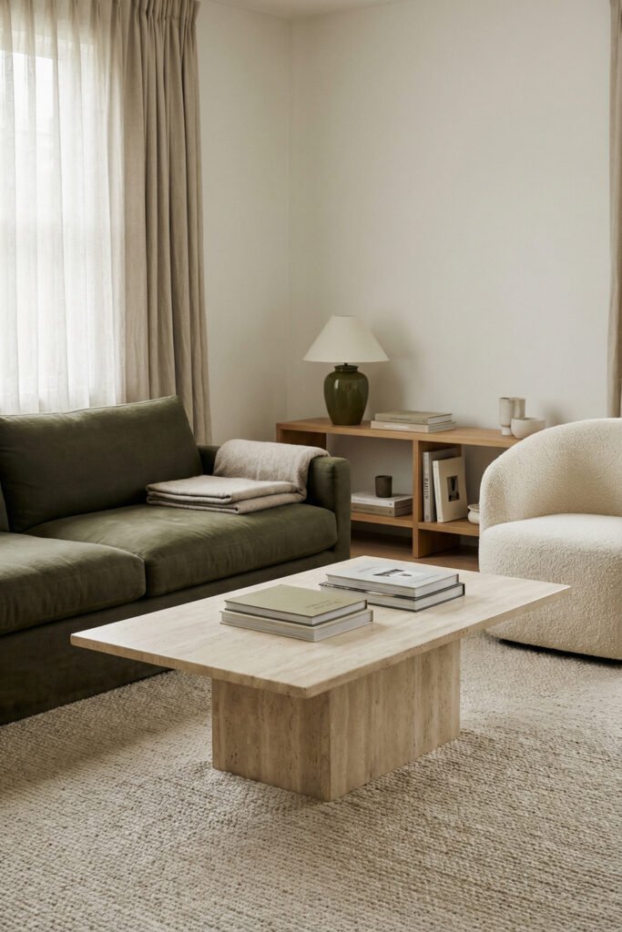 Olive Green Decor Ideas For A Layered Living Room 19 Close view of an olive sofa, stone coffee table, boucle chair, and low wood shelf with lamp in a neutral olive green decor living room.