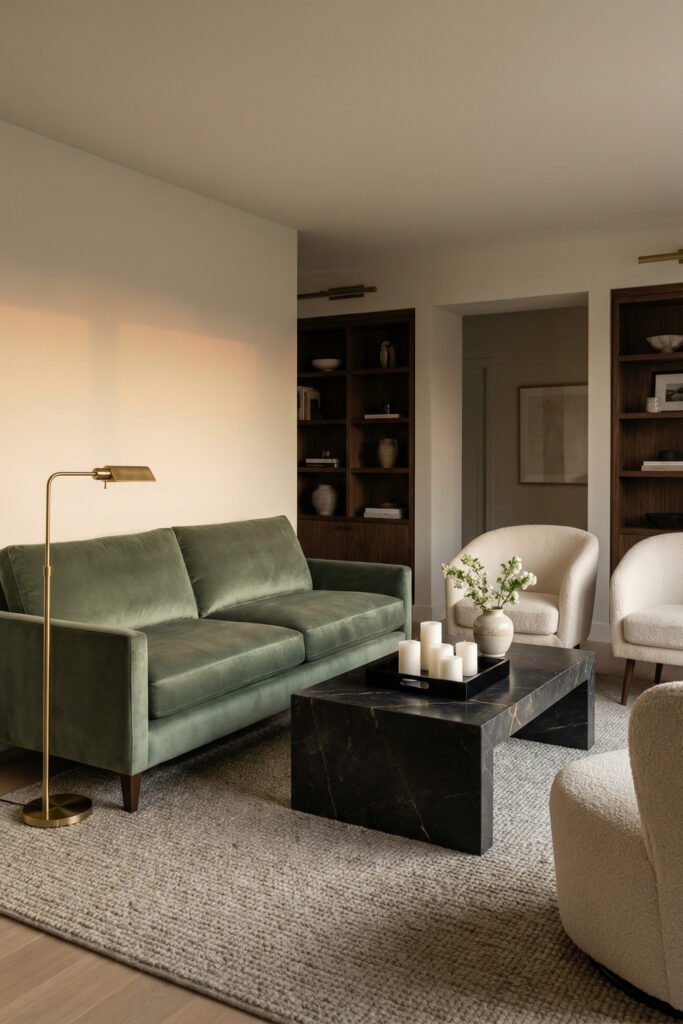 Sage Green And Black Living Room Ideas for a Layered Look 14 Warm neutral living room with a sage green sofa, black marble coffee table, cream chairs, and wood built-ins for a balanced layered look.