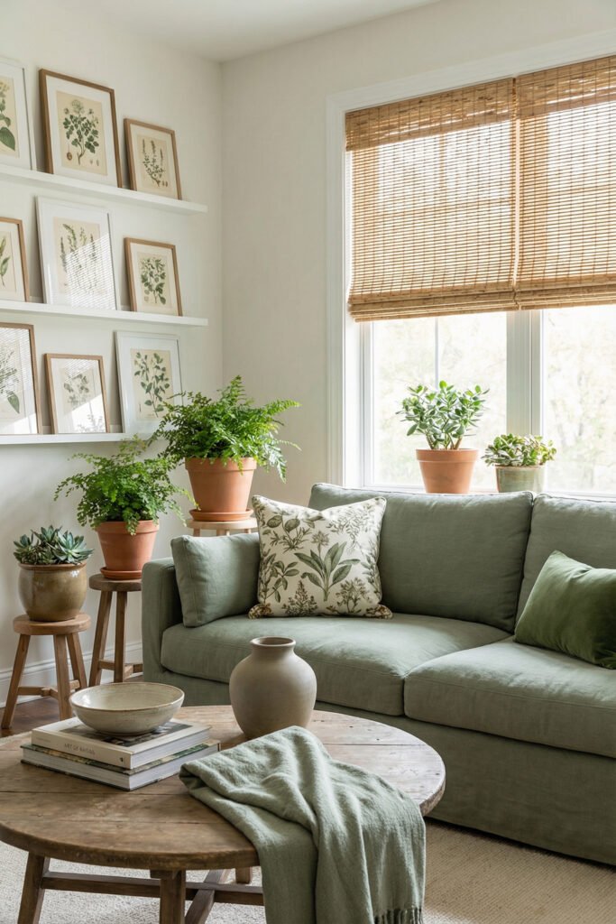 Sage Green Lounge Ideas for a Calm, Collected Living Room 19 Sunlit lounge with sage sofa, botanical pillow, potted plants, bamboo shades, layered wall art, and round wood coffee table.